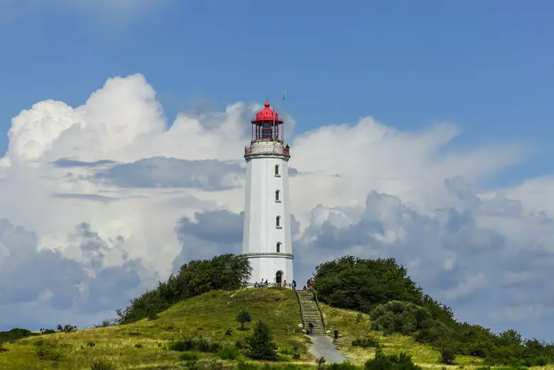 The lighthouse on the Dornbusch is a widely visible landmark of Hiddensee in the Rügen region of Mecklenburg-Vorpommern.