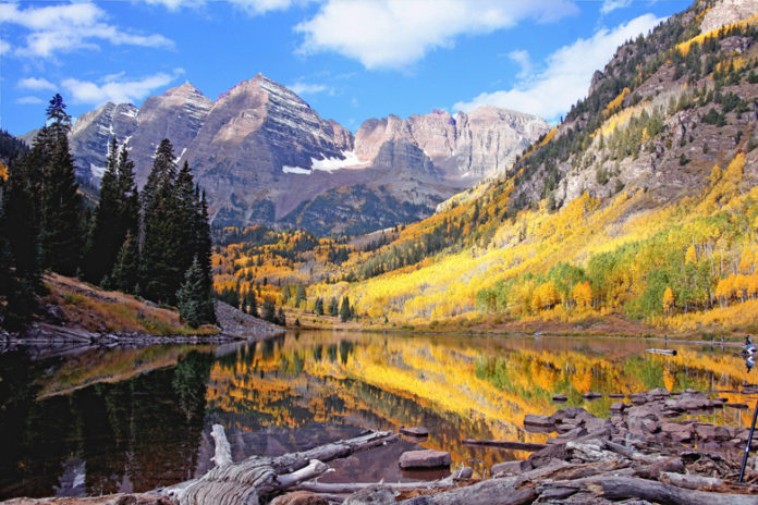 The view of the Maroon Bells from the valley of the Maroon Creek is said to be the most photographed place in Colorado.