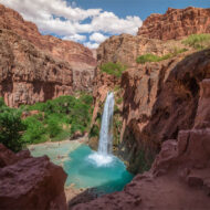 Havasu Falls is located in the Grand Canyon, a few kilometers from the village of Supai, the capital of the Indian Reservation in Arizona. This is the most beautiful waterfall of the Grand Canyon