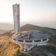 Buzludzha Monument , saucer-shaped monument in the Bulgarian mountains