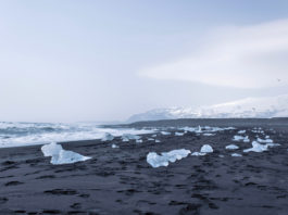 Diamond Beach, is a black volcanic sand beach next to Jökulsárlón Glacier Lagoon on the South Coast of Iceland.