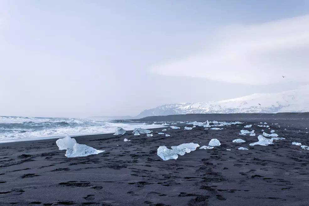 Diamond Beach, is a black volcanic sand beach next to Jökulsárlón Glacier Lagoon on the South Coast of Iceland.