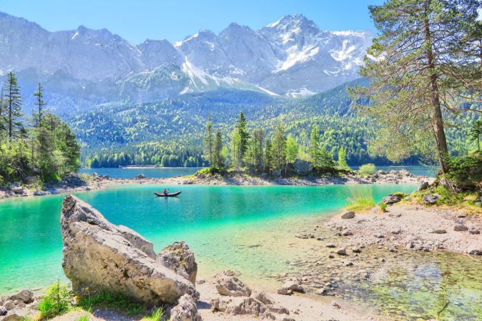 Eibsee is a lake located 100 km southwest of Munich, in the commune of Grainau in Bavaria, Germany.