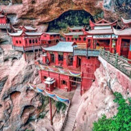 Ganluyan Temple, located on a cliff in Dajin Lake Scenic Area, Taining County, Fujian Province, southern China.