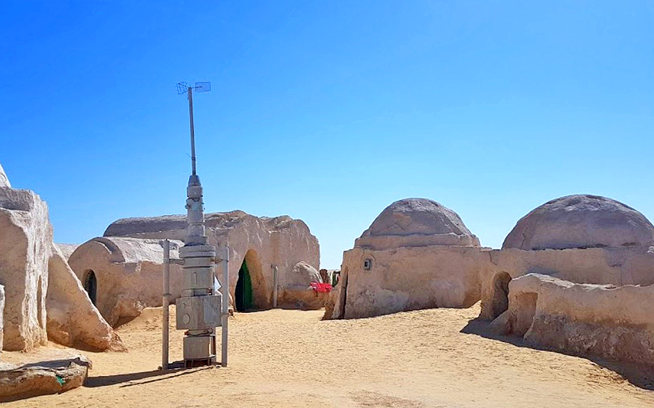 Mos Espa is an abandoned film set created as the location of a one of the main Star Wars spaceports ,in the Tunisian desert.
