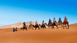 Dunes of Merzouga also known as Erg Chebbi is one of Morocco's two ergs - large, wind-sculpted dune landscapes.