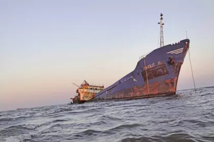 The wreck of Turgut S located at a distance of eight kilometers from the city of Sulina, towards the northern dike in the Danube Delta , Romania.