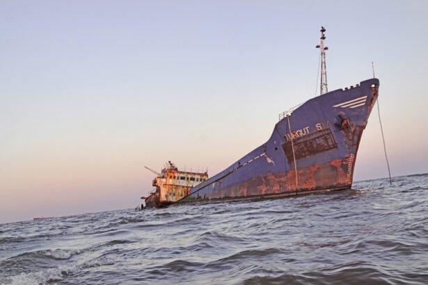 The wreck of Turgut S located at a distance of eight kilometers from the city of Sulina, towards the northern dike in the Danube Delta , Romania.