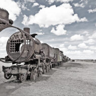 The Train Cemetery is a site of abandoned trains on the edge of the Salar de Uyuni salt flats in Bolivia.