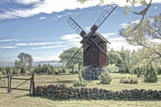 The Mill Hill of Angla , an open-air museum of five wooden windmills , located on the Estonian island of Saaremaa.