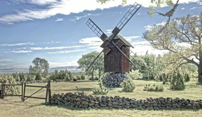 The Mill Hill of Angla , an open-air museum of five wooden windmills , located on the Estonian island of Saaremaa.