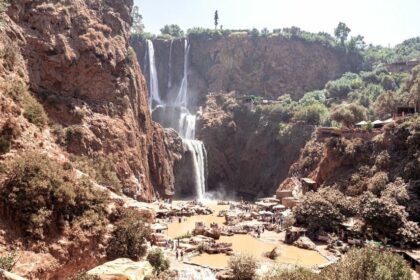 The Ouzoud waterfalls are waterfalls approximately 110 m high, on three levels, on a picturesque geological site in Wadi Tissakht, at 1060 m altitude of the Atlas massif, in the central High Atlas, in Morocco.