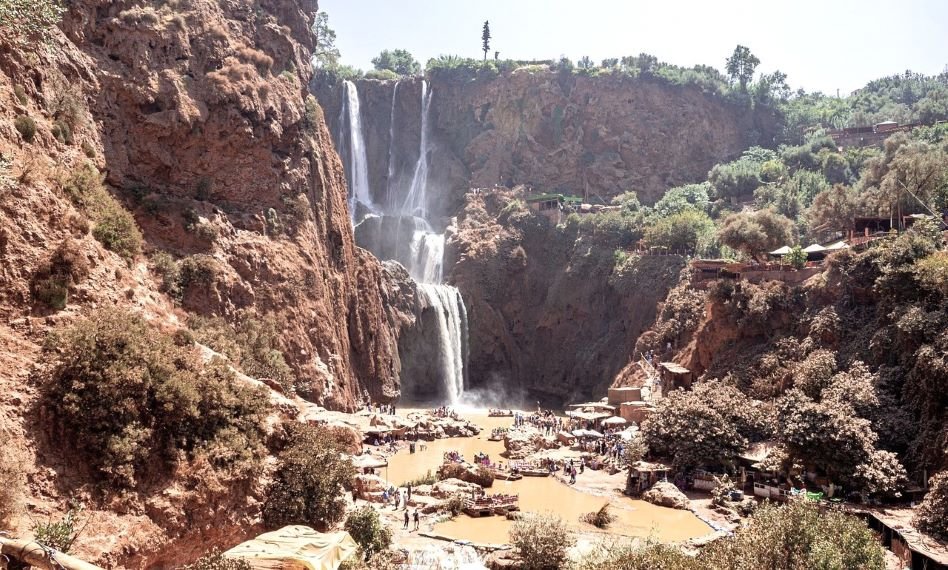 The Ouzoud waterfalls are waterfalls approximately 110 m high, on three levels, on a picturesque geological site in Wadi Tissakht, at 1060 m altitude of the Atlas massif, in the central High Atlas, in Morocco.