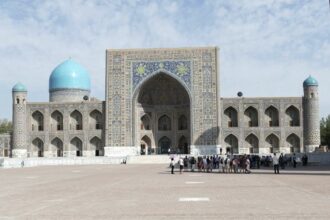Registan is the historic main square of the Samarkand, a city in southeastern Uzbekistan.