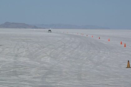 The Bonneville Salt Flats is a 260 km2 salt-covered plain in in Tooele County, northwestern Utah, United States.