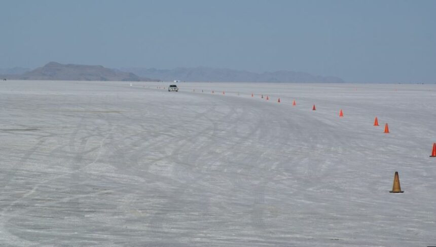 The Bonneville Salt Flats is a 260 km2 salt-covered plain in in Tooele County, northwestern Utah, United States.