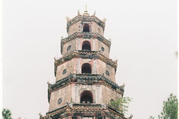 Thien Mu Pagoda also called Linh Pagoda is a Buddhist temple on the banks of the Fragrant River on Ha Khe Hill, 5 km west of the center of Hue in Vietnam.