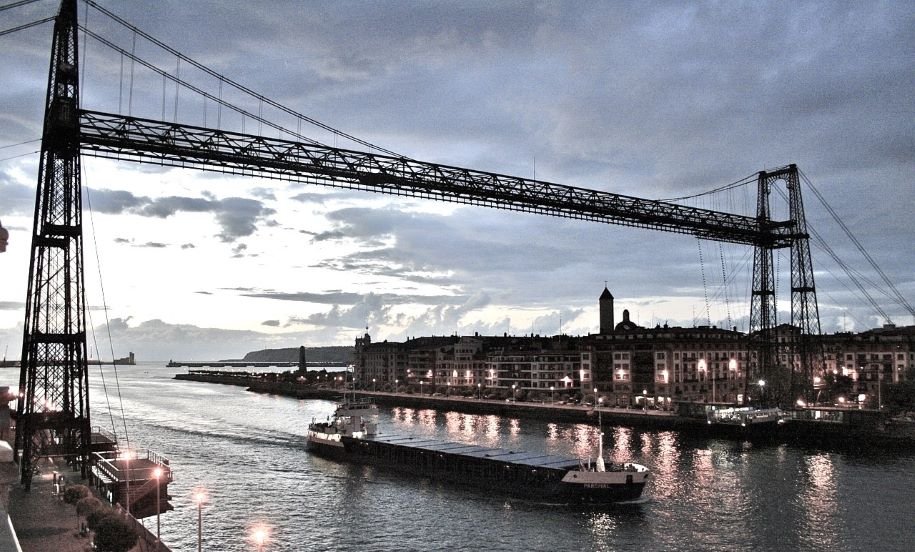 The Vizcaya Bridge is a flying ferry across the Nervión River that connects the cities of Portugalete and Las Arenas (part of Getxo) in the province of Vizcaya, Spain.