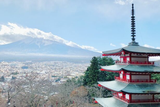 The Chureito Pagoda pagoda located within Arakuyama Sengen Park ,in Fujiyoshida, a city in Yamanashi Prefecture, Japan.