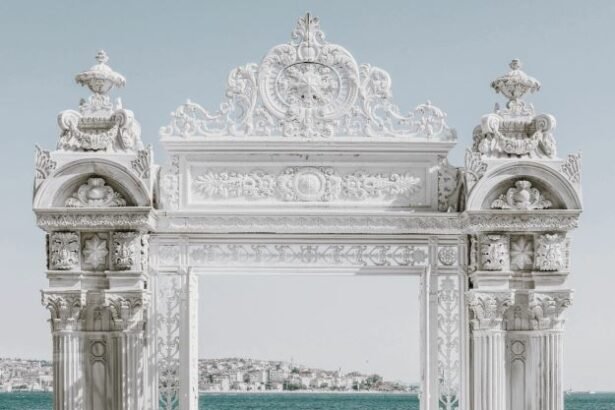 The Gate of Dolmabahçe Palace located on the shores of the Bosphorus , in the Beşiktaş district of Istanbul, Turkey.
