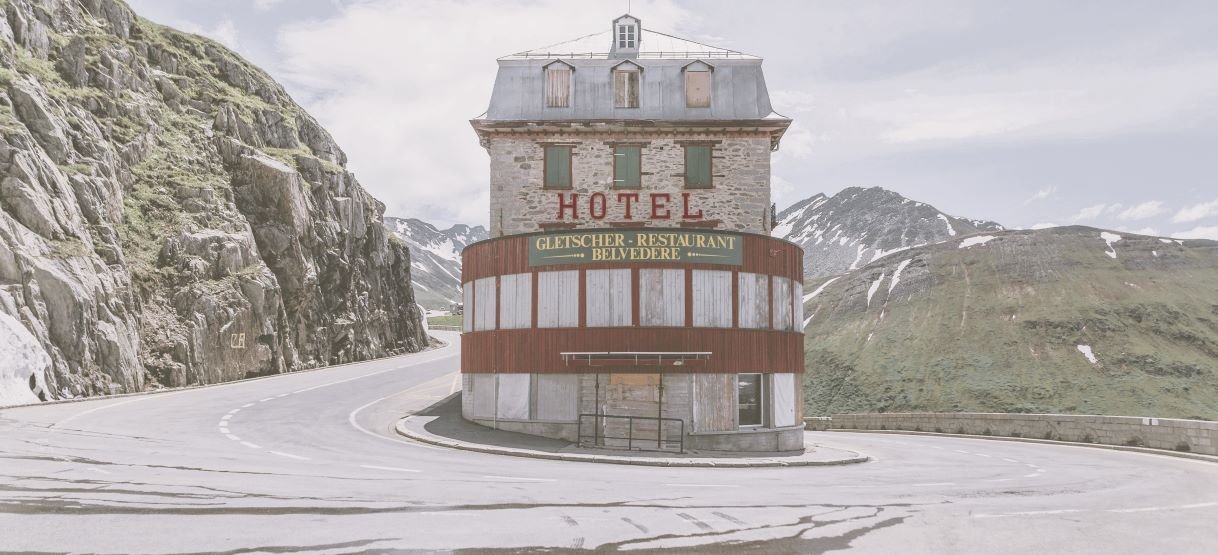 Hotel Belvedere , located on the Furka Pass , in the central area of the Alps Mountain range in Switzerland.