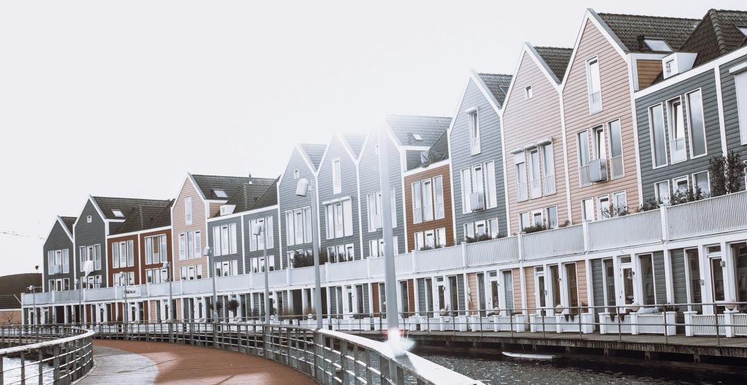 The Rainbow Houses located by the Lake Rietplas in Houten ,a municipality in the Netherlands, in the province of Utrecht.