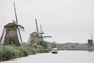 The Kinderdijk windmills, located in the Alblasserwaard polder, in the Province of South Holland ,Netherlands.
