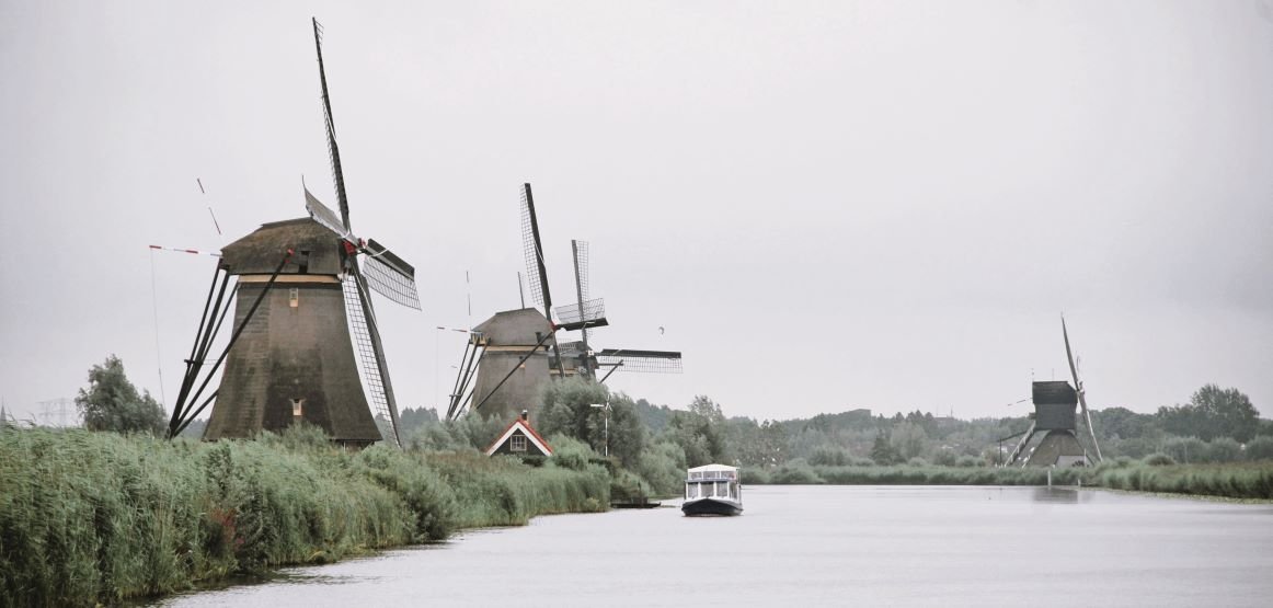 The Kinderdijk windmills, located in the Alblasserwaard polder, in the Province of South Holland ,Netherlands.