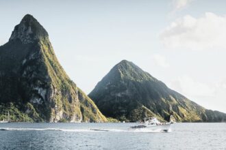 The Pitons, also called the Deux Pitons, are twin volcanic spires in the Caribbean island of Saint Lucia.