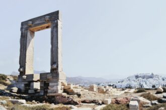The Portara of Naxos or Naxos Temple Gate located on Naxos, an island of the Cyclades ,  an archipelago in the Aegean Sea in Greece.