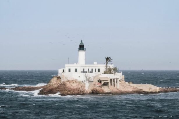 Arzew Island Lighthouse located on a rocky islet opposite the city of Arzew in Oran Province, Algeria.