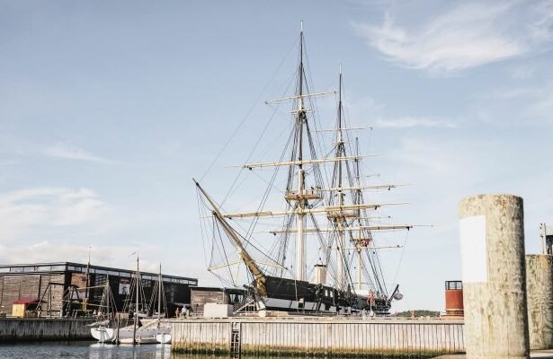 The frigate Jylland is a historic wooden ship lying in a dry dock in the museum harbor in Ebeltoft ,near Aarhus in Denmark.