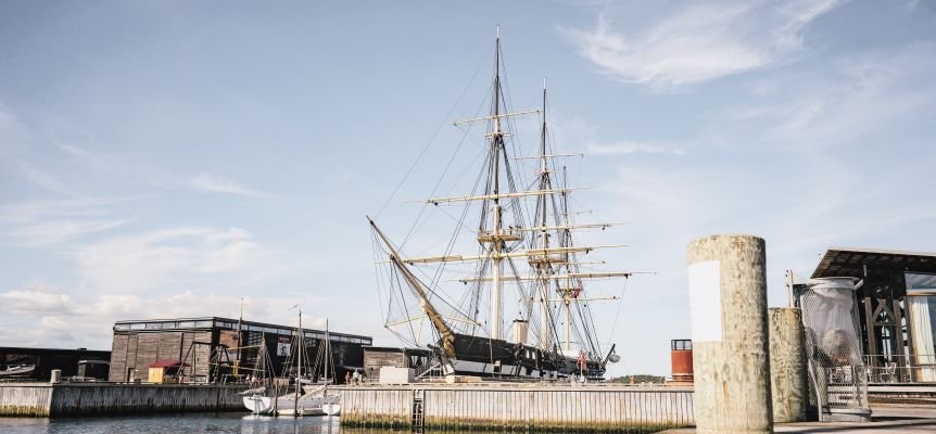 The frigate Jylland is a historic wooden ship lying in a dry dock in the museum harbor in Ebeltoft ,near Aarhus in Denmark.