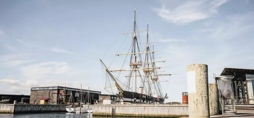 The frigate Jylland is a historic wooden ship lying in a dry dock in the museum harbor in Ebeltoft ,near Aarhus in Denmark.