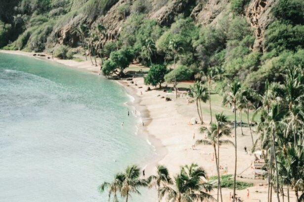 Hanauma Bay is an extinct volcanic crater southeast of the Hawaiian island of Oahu.