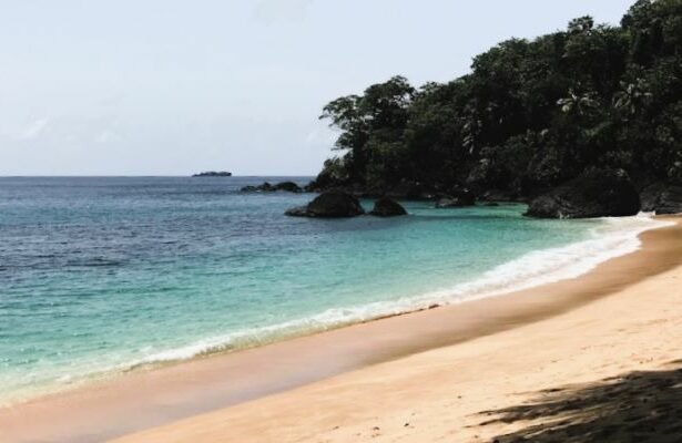Praia das Bananas or Banana Beach located at the northern end of Príncipe Island, in the island country of São Tomé and Príncipe.