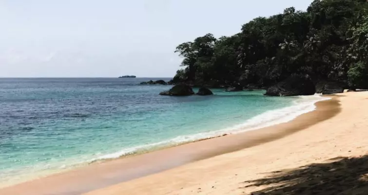 Praia das Bananas or Banana Beach located at the northern end of Príncipe Island, in the island country of São Tomé and Príncipe.